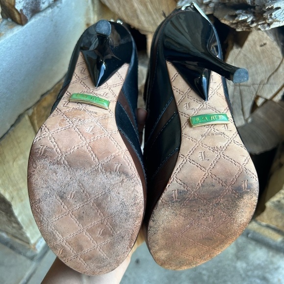 L.A.M.B. Peep toe black & brown leather cut out ankle boot heel Sz-7.  G - Picture 5 of 11